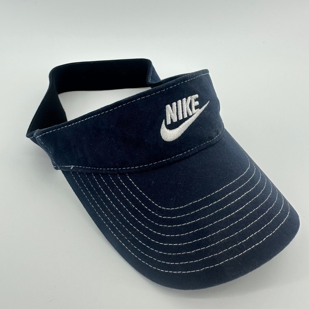 Vintage Nike Navy Blue Embroidered Swoosh Athletic Visor Hat One Size Silver Tag
